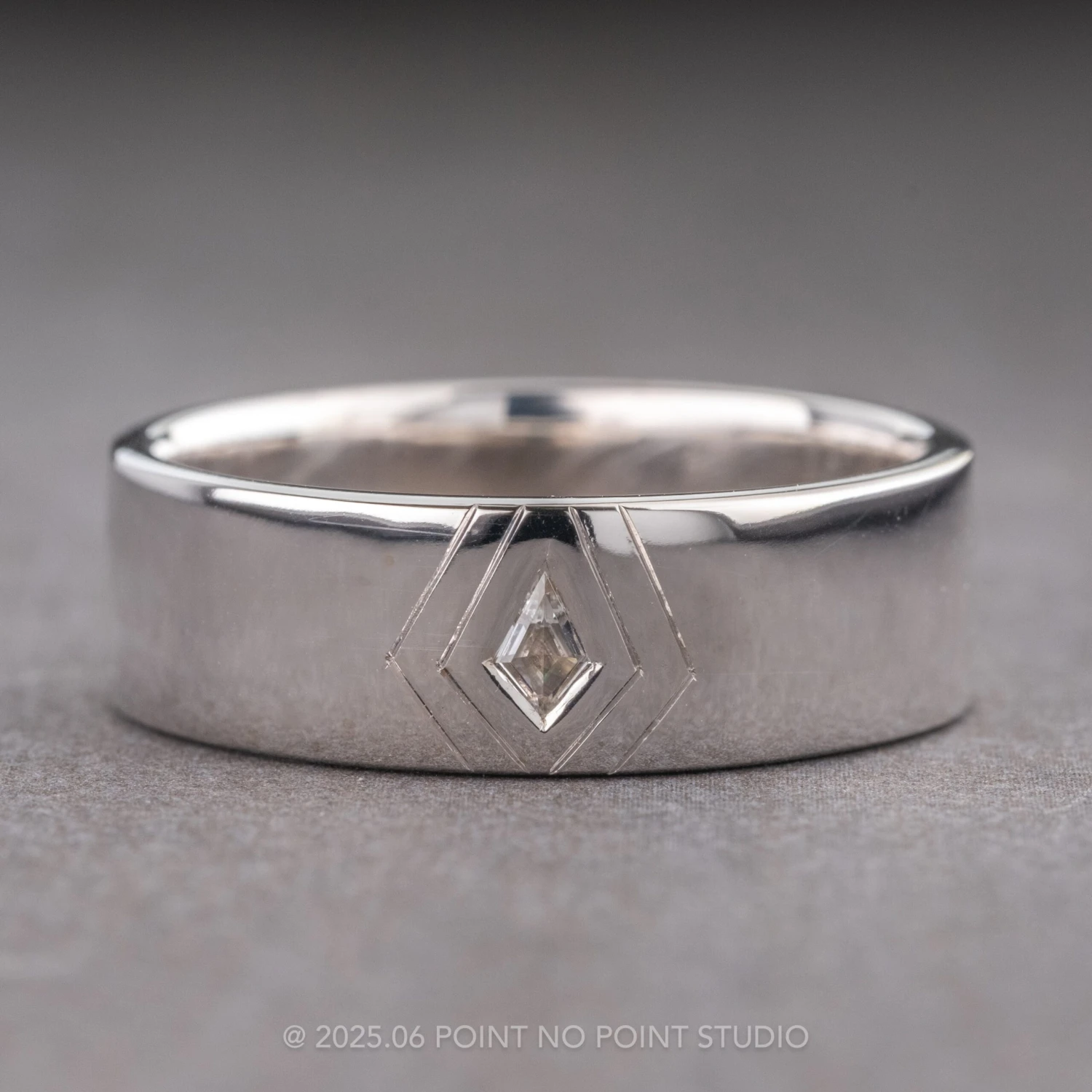 White Kite Sapphire Mens Wedding Band, 14K White Gold 1 White Kite Sapphire Mens Wedding Band, 14K White Gold