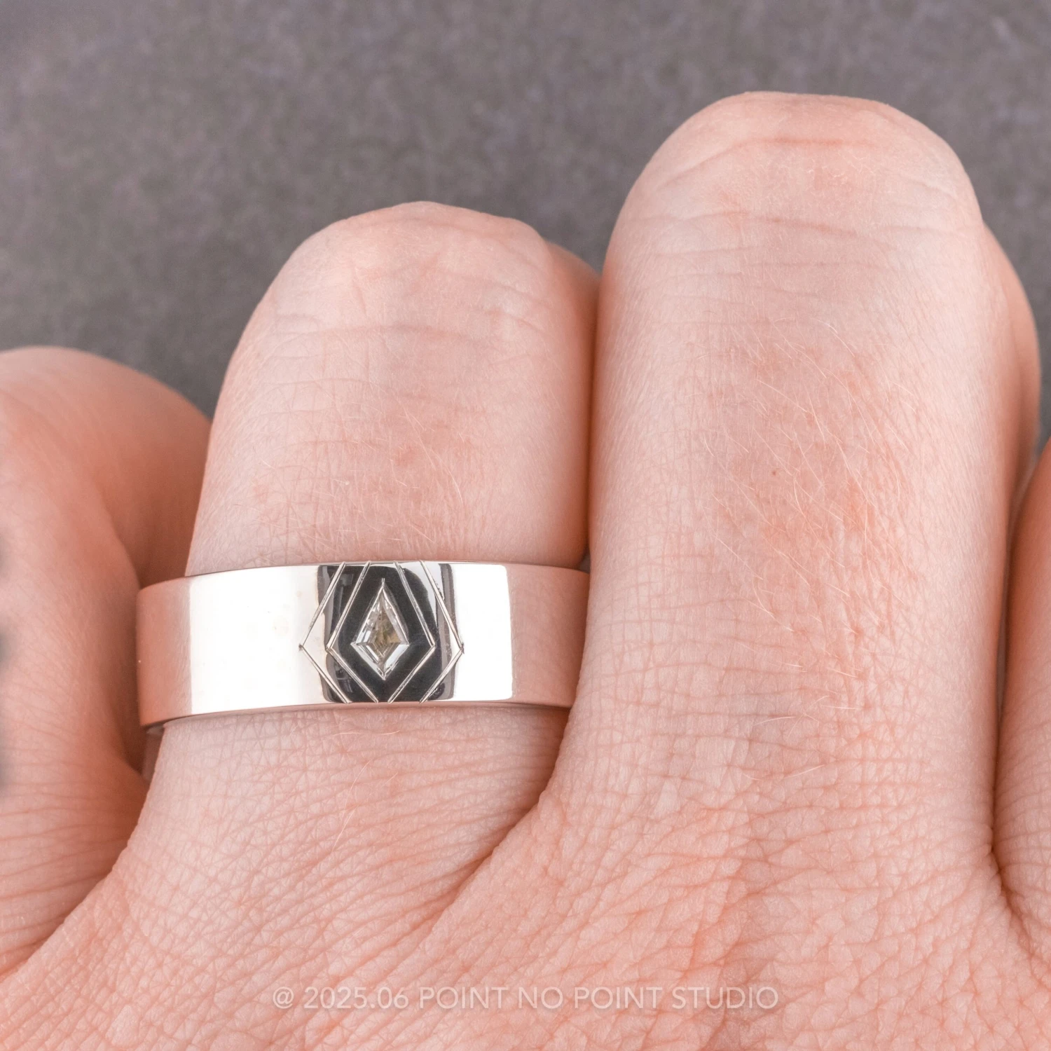 White Kite Sapphire Mens Wedding Band, 14K White Gold 2 White Kite Sapphire Mens Wedding Band, 14K White Gold - Image 2