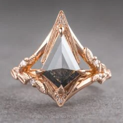 1.79 Carat Black Speckled Kite Diamond Engagement Ring, Thistle Setting, 14k Rose Gold