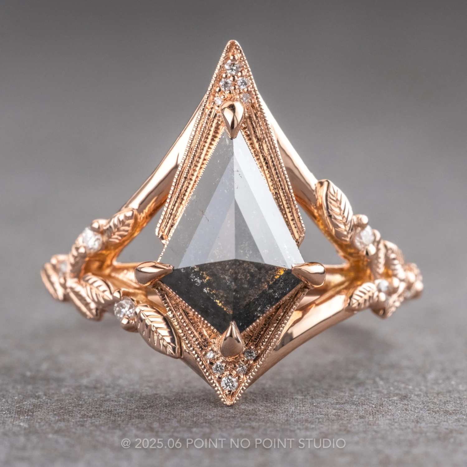 1.79 Carat Black Speckled Kite Diamond Engagement Ring, Thistle Setting, 14k Rose Gold 1 1.79 Carat Black Speckled Kite Diamond Engagement Ring, Thistle Setting, 14k Rose Gold