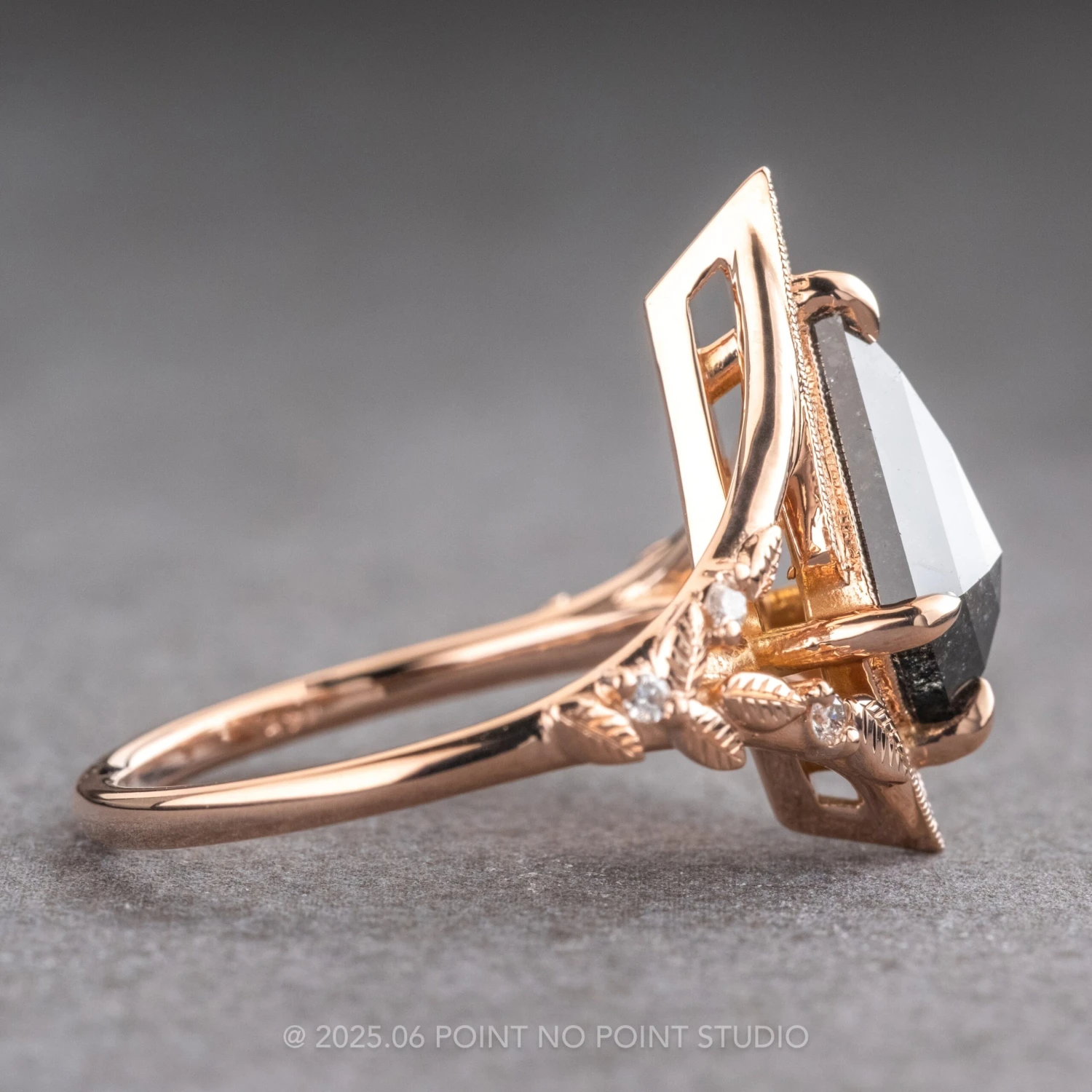 1.79 Carat Black Speckled Kite Diamond Engagement Ring, Thistle Setting, 14k Rose Gold 8 1.79 Carat Black Speckled Kite Diamond Engagement Ring, Thistle Setting, 14k Rose Gold - Image 8