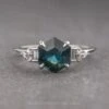 1.33 Carat Teal Hexagon Sapphire And Diamond Engagement Ring, Dahlia Setting, Platinum