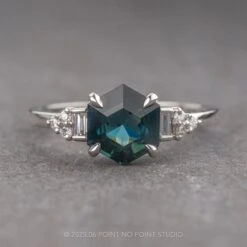 1.33 Carat Teal Hexagon Sapphire And Diamond Engagement Ring, Dahlia Setting, Platinum