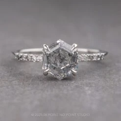 2.13 Carat Canadian Salt And Pepper Hexagon Diamond Engagement Ring, Ombre Jules Setting, 14k White Gold