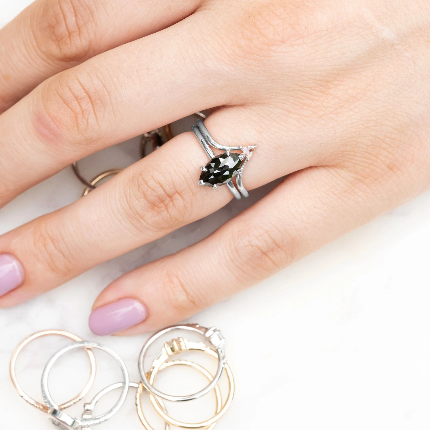 1.71 Carat Black Marquise Diamond Engagement Ring, Jane Setting, Platinum 2 1.71 Carat Black Marquise Diamond Engagement Ring, Jane Setting, Platinum - Image 2