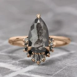 1.29 Carat Black Speckled Pear Diamond Engagement Ring, Ombre Wren Setting, 14K Rose Gold