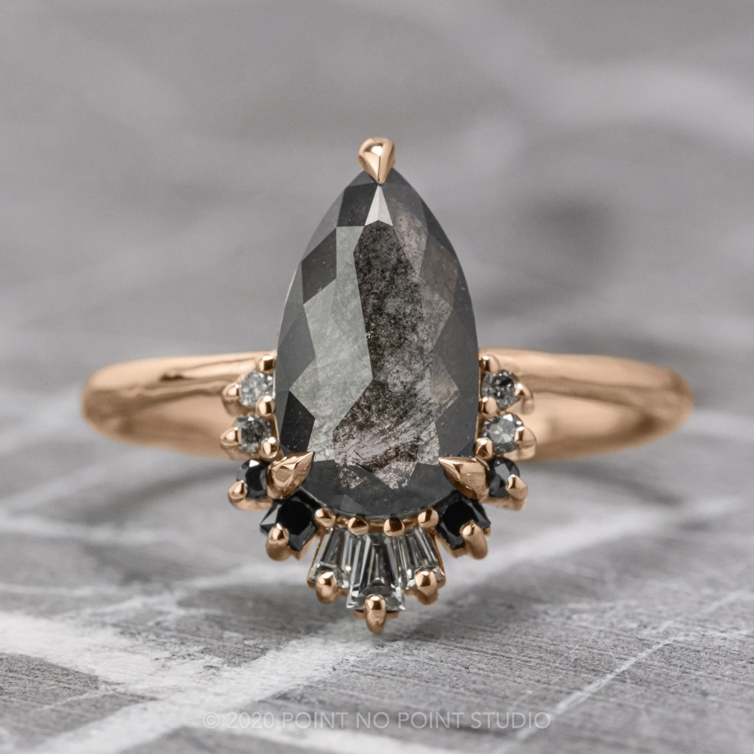 1.29 Carat Black Speckled Pear Diamond Engagement Ring, Ombre Wren Setting, 14K Rose Gold 1 1.29 Carat Black Speckled Pear Diamond Engagement Ring, Ombre Wren Setting, 14K Rose Gold