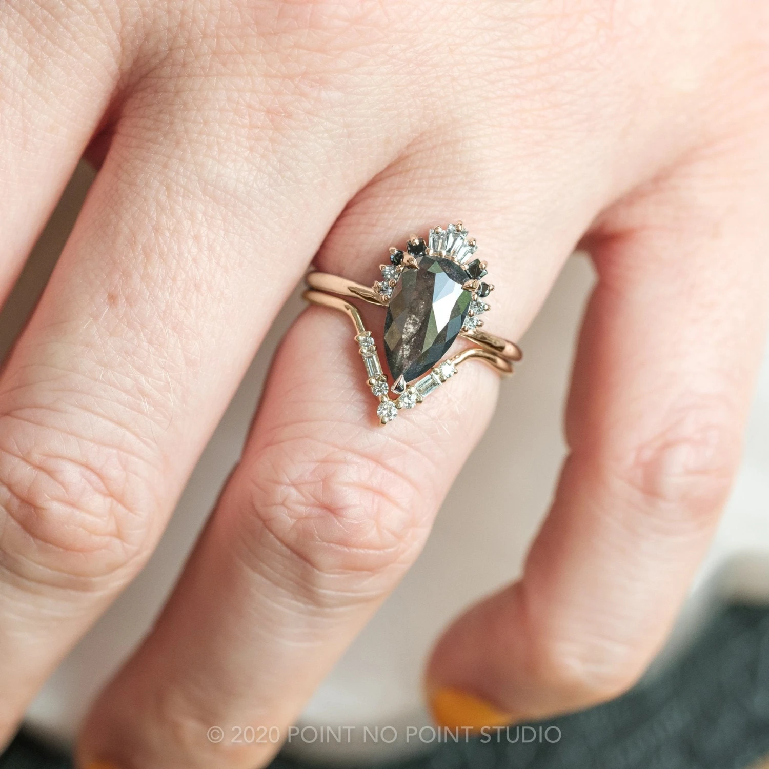 1.29 Carat Black Speckled Pear Diamond Engagement Ring, Ombre Wren Setting, 14K Rose Gold 2 1.29 Carat Black Speckled Pear Diamond Engagement Ring, Ombre Wren Setting, 14K Rose Gold - Image 2