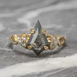 1.34 Carat Black Speckled Kite Diamond Engagement Ring, Quinn Setting, 14K Yellow Gold