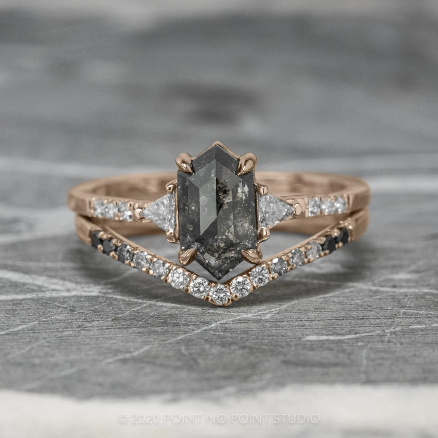1.11 Carat Black Speckled Hexagon Diamond Engagement Ring, Eliza Setting, 14K Rose Gold 6 1.11 Carat Black Speckled Hexagon Diamond Engagement Ring, Eliza Setting, 14K Rose Gold - Image 6