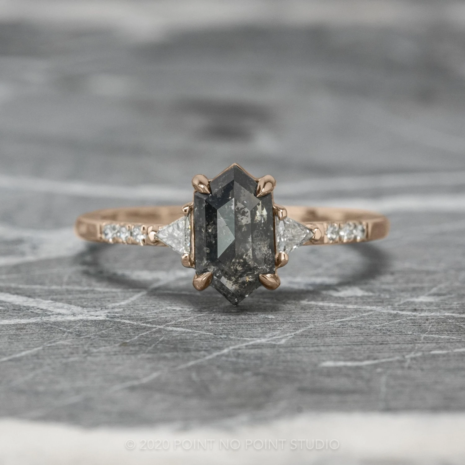 1.11 Carat Black Speckled Hexagon Diamond Engagement Ring, Eliza Setting, 14K Rose Gold 1 1.11 Carat Black Speckled Hexagon Diamond Engagement Ring, Eliza Setting, 14K Rose Gold