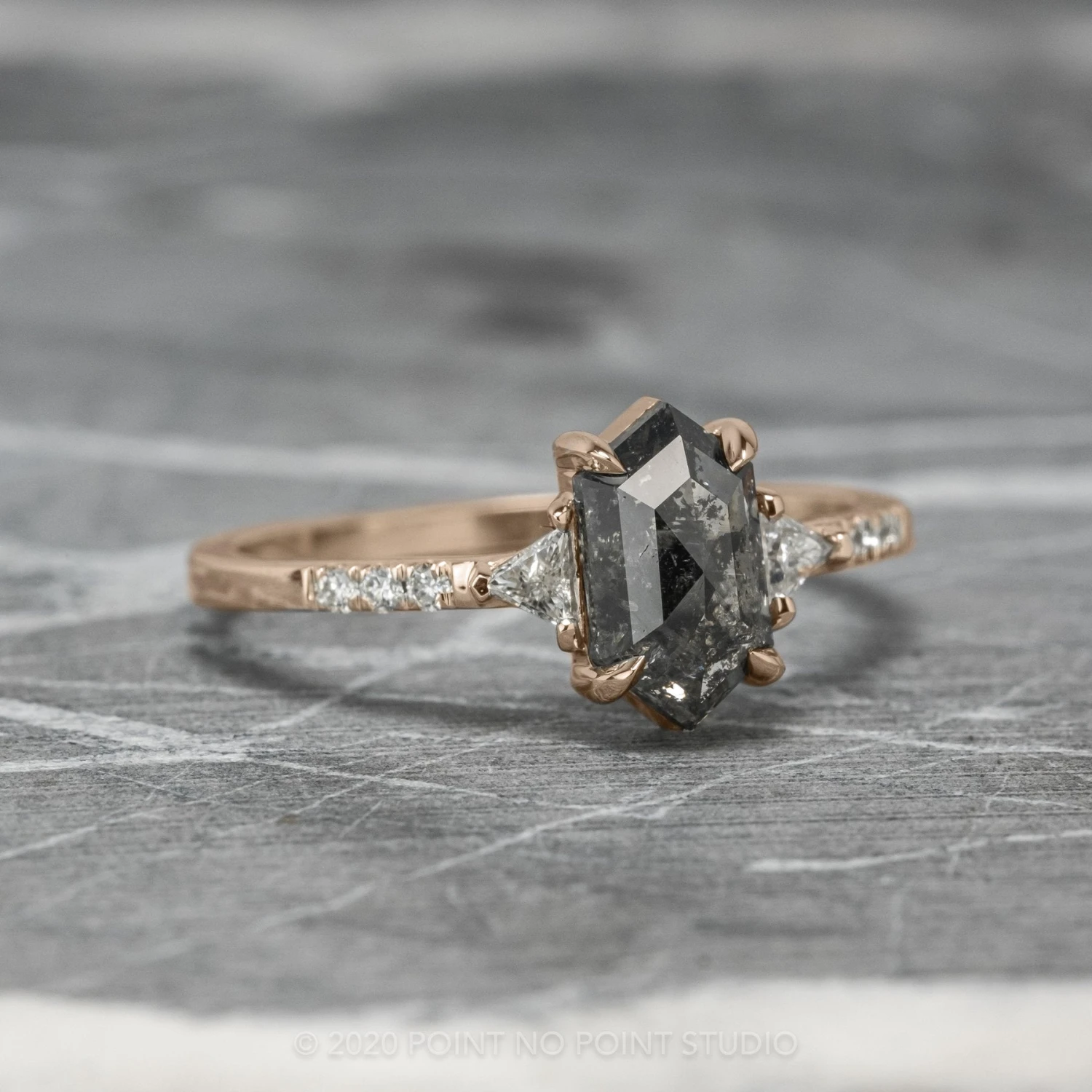 1.11 Carat Black Speckled Hexagon Diamond Engagement Ring, Eliza Setting, 14K Rose Gold 7 1.11 Carat Black Speckled Hexagon Diamond Engagement Ring, Eliza Setting, 14K Rose Gold - Image 7