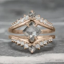 .89 Carat Grey Speckled Lozenge Diamond Engagement Ring, Empress Setting, 14K Rose Gold