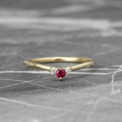 Ruby And White Diamond Wedding Band, Charlotte Setting, 14K Yellow Gold