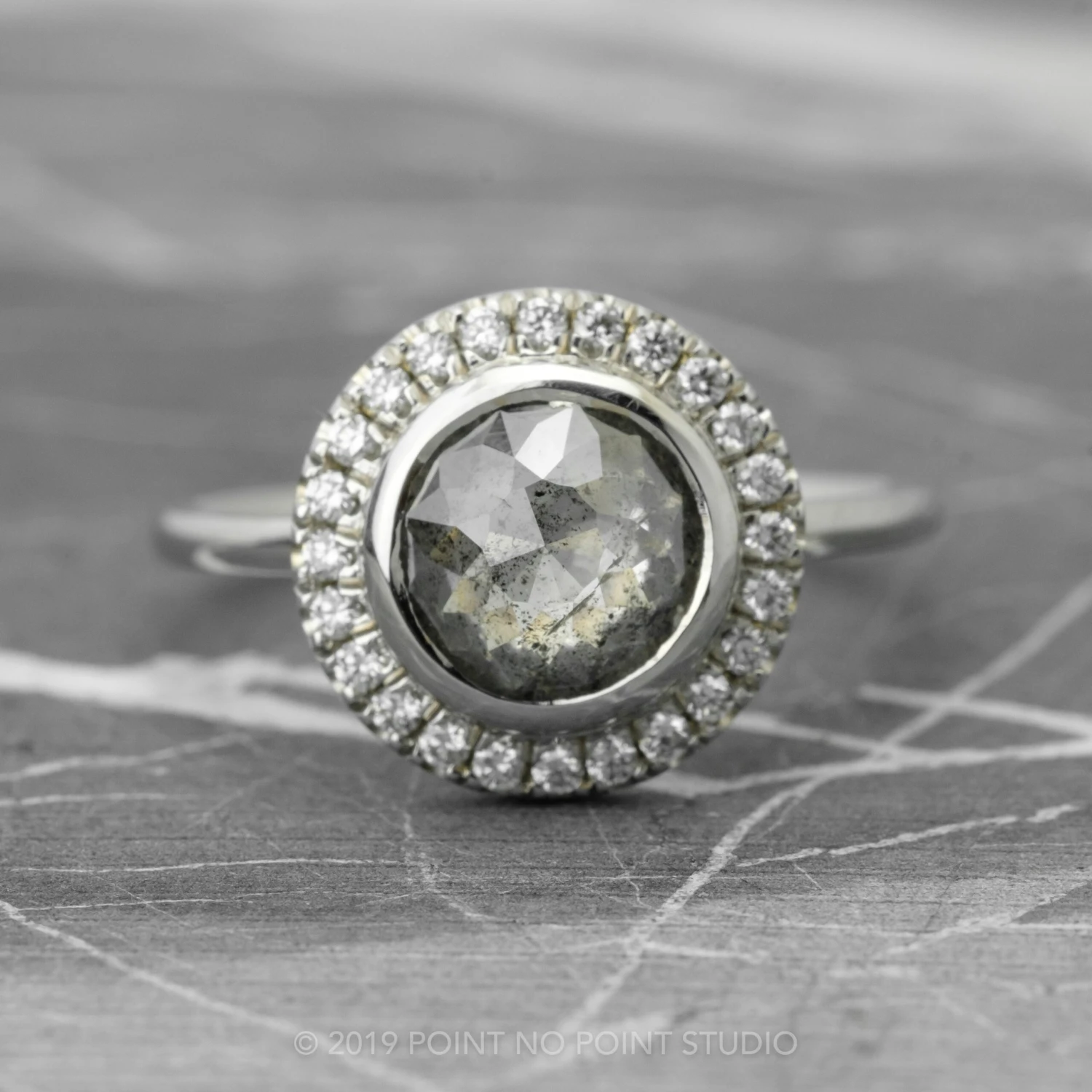 2.04 Carat Salt And Pepper Round Diamond Engagement Ring, Bezel Halo Setting, 14k White Gold 1 2.04 Carat Salt And Pepper Round Diamond Engagement Ring, Bezel Halo Setting, 14k White Gold