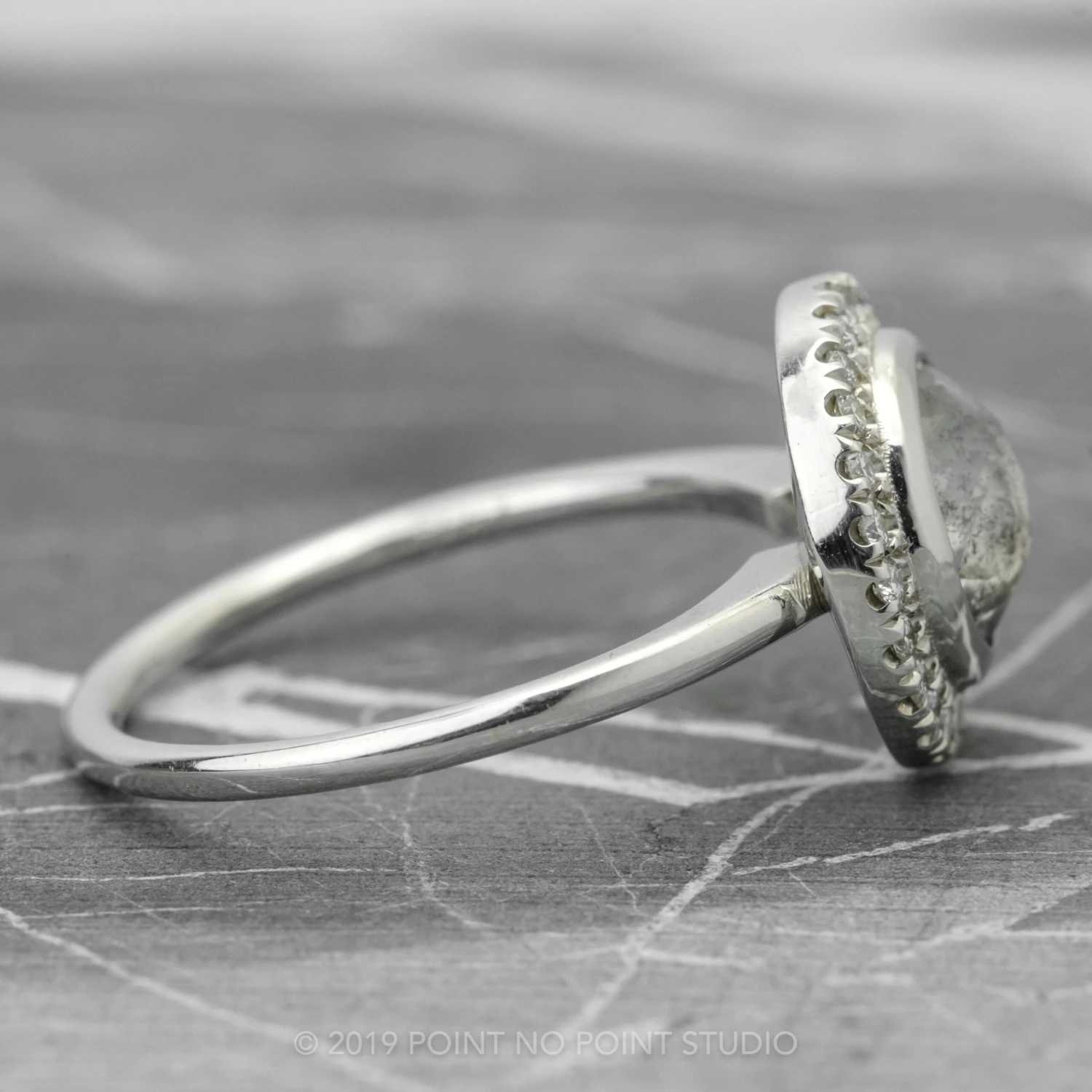 2.04 Carat Salt And Pepper Round Diamond Engagement Ring, Bezel Halo Setting, 14k White Gold 11 2.04 Carat Salt And Pepper Round Diamond Engagement Ring, Bezel Halo Setting, 14k White Gold - Image 11