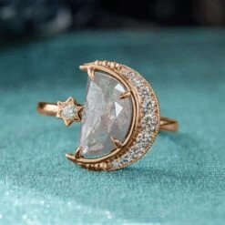 2.03 Carat Grey Speckled Crescent Moon Engagement Ring, Starling Setting, 14K Rose Gold