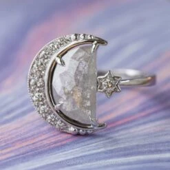 2.03 Carat Grey Speckled Crescent Moon Engagement Ring, Starling Setting, 14K White Gold -Point No Point Studio Store 20210304 SFS0104