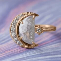 2.03 Carat Grey Speckled Crescent Moon Engagement Ring, Starling Setting, 14K Rose Gold -Point No Point Studio Store 20210304 SFS0104 0475b38a aef3 4d7d b4ca be5f817bd21c