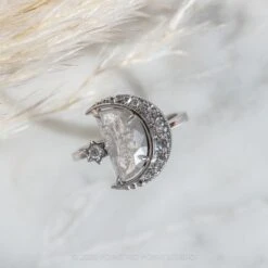 2.03 Carat Grey Speckled Crescent Moon Engagement Ring, Starling Setting, 14K White Gold -Point No Point Studio Store 20210304 SFS0105