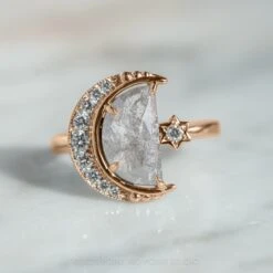 2.03 Carat Grey Speckled Crescent Moon Engagement Ring, Starling Setting, 14K Rose Gold -Point No Point Studio Store 20210304 SFS0124 ac513012 19ba 4567 8d8f 5737425c1d14