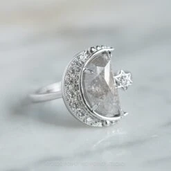 2.03 Carat Grey Speckled Crescent Moon Engagement Ring, Starling Setting, 14K White Gold -Point No Point Studio Store 20210304 SFS0125