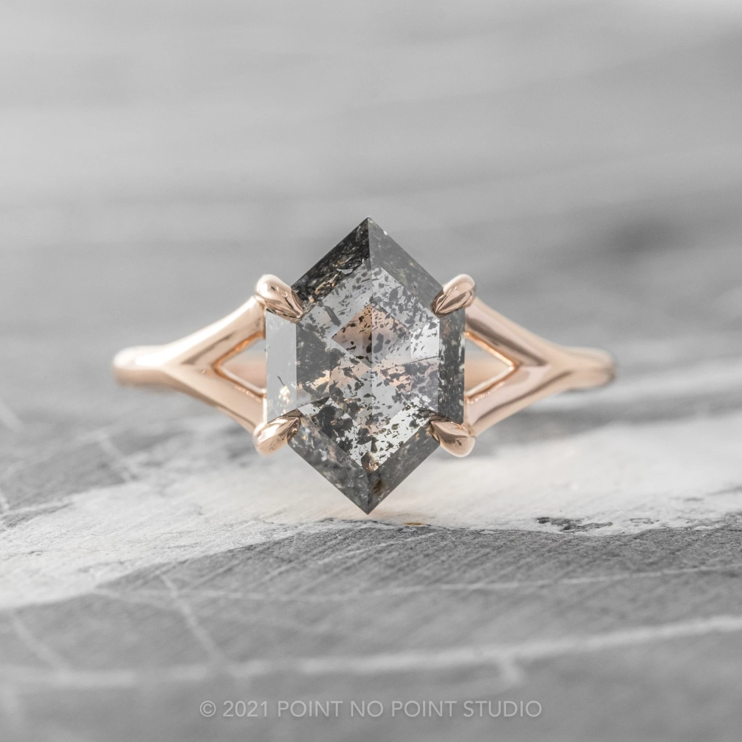 1.36 Carat Salt And Pepper Hexagon Diamond Engagement Ring, Split Shank Jane Setting, 14K Rose Gold 1 1.36 Carat Salt And Pepper Hexagon Diamond Engagement Ring, Split Shank Jane Setting, 14K Rose Gold