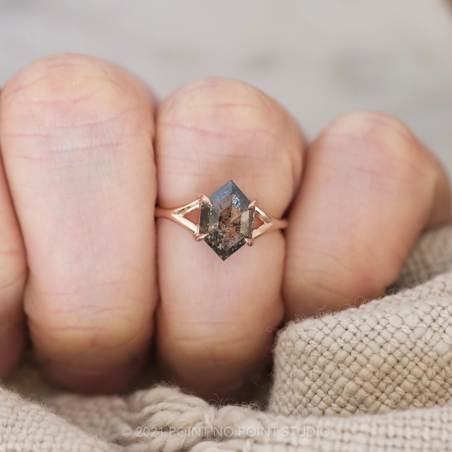 1.36 Carat Salt And Pepper Hexagon Diamond Engagement Ring, Split Shank Jane Setting, 14K Rose Gold 4 1.36 Carat Salt And Pepper Hexagon Diamond Engagement Ring, Split Shank Jane Setting, 14K Rose Gold - Image 4