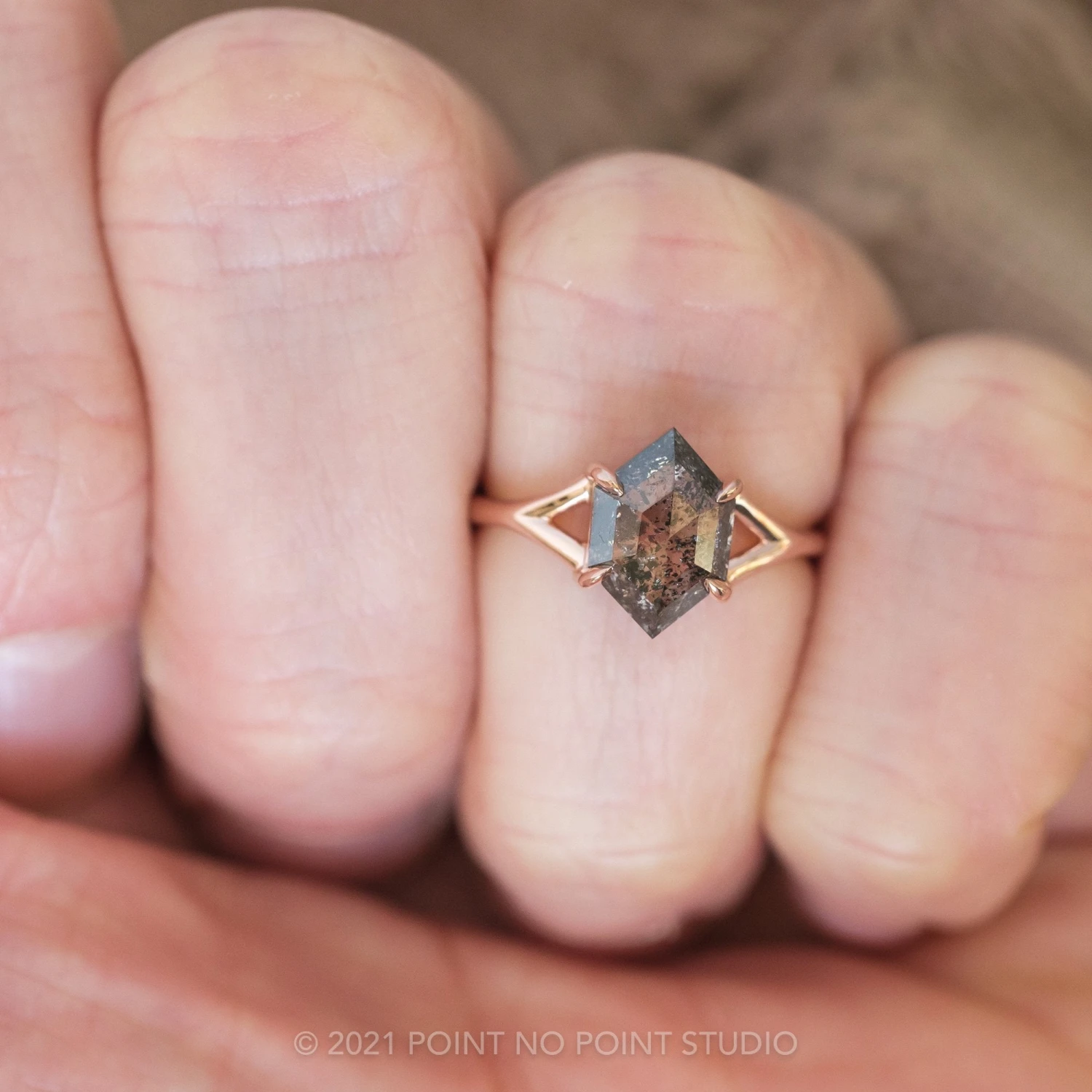1.36 Carat Salt And Pepper Hexagon Diamond Engagement Ring, Split Shank Jane Setting, 14K Rose Gold 2 1.36 Carat Salt And Pepper Hexagon Diamond Engagement Ring, Split Shank Jane Setting, 14K Rose Gold - Image 2