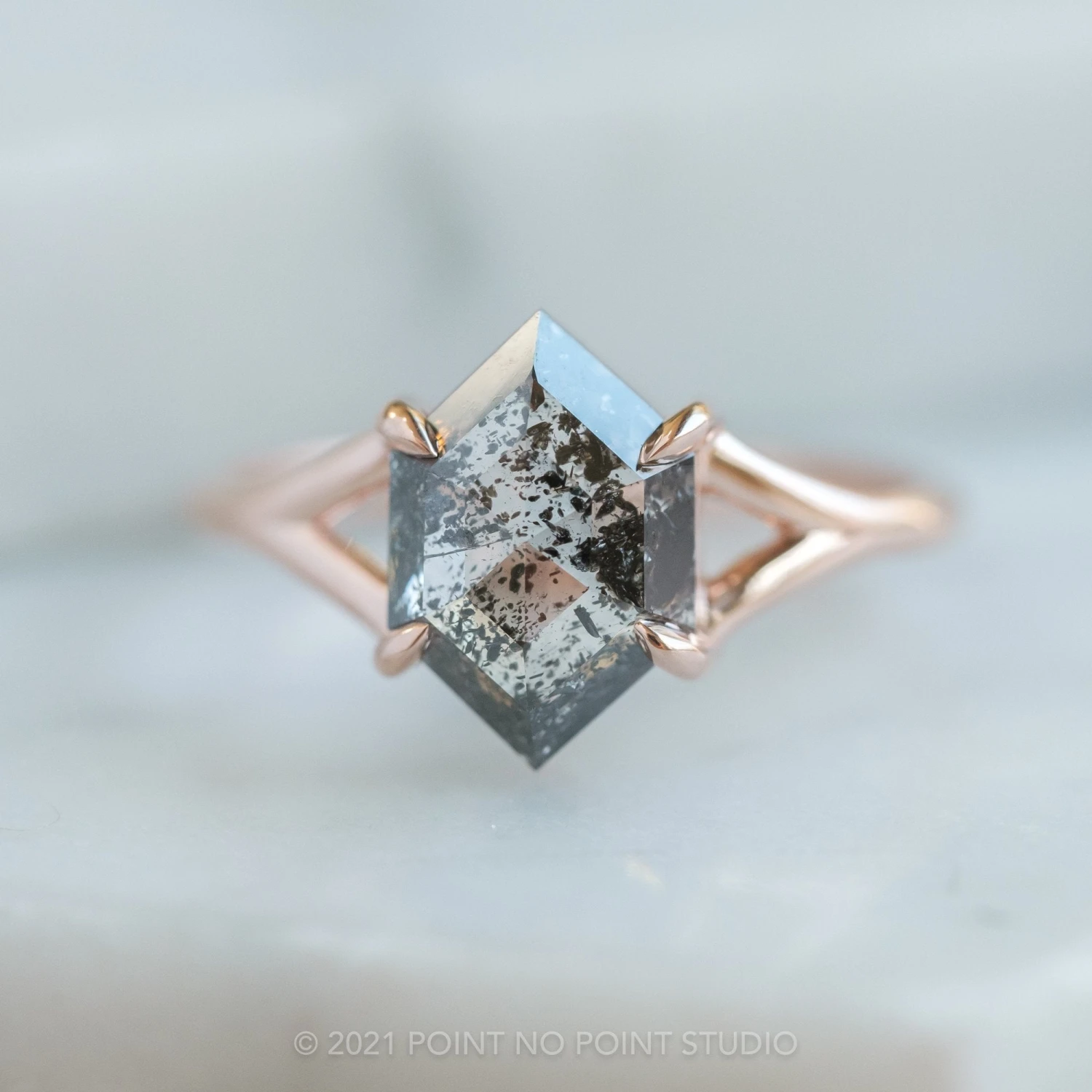 1.36 Carat Salt And Pepper Hexagon Diamond Engagement Ring, Split Shank Jane Setting, 14K Rose Gold 6 1.36 Carat Salt And Pepper Hexagon Diamond Engagement Ring, Split Shank Jane Setting, 14K Rose Gold - Image 6
