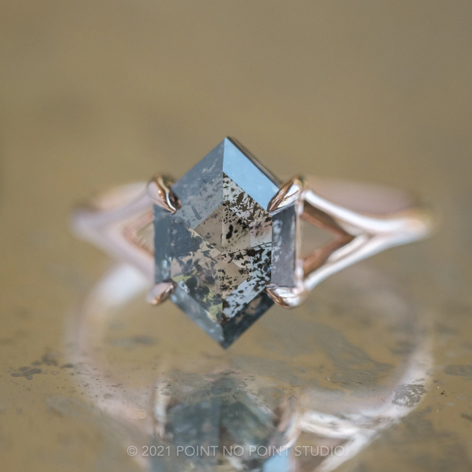 1.36 Carat Salt And Pepper Hexagon Diamond Engagement Ring, Split Shank Jane Setting, 14K Rose Gold 3 1.36 Carat Salt And Pepper Hexagon Diamond Engagement Ring, Split Shank Jane Setting, 14K Rose Gold - Image 3