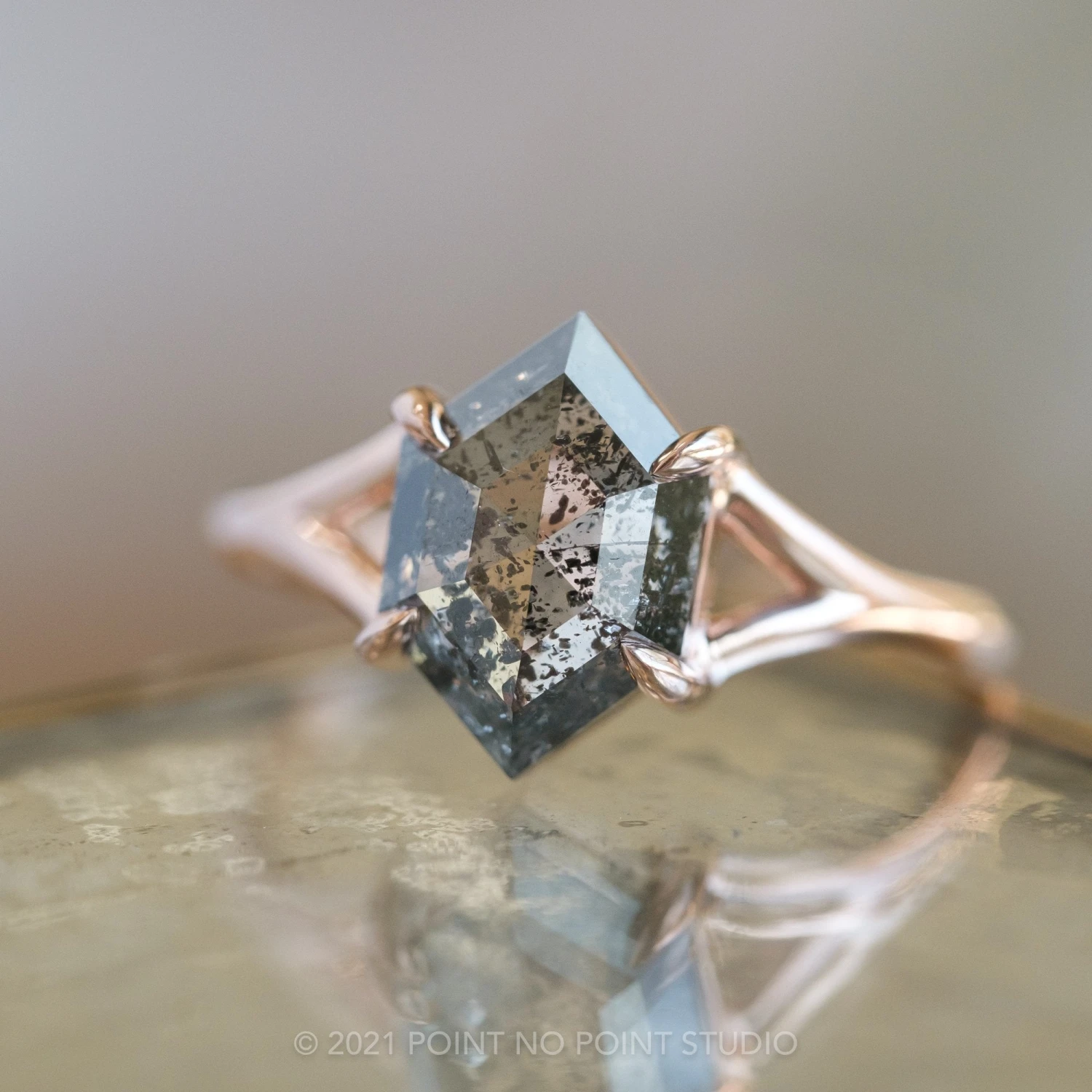 1.36 Carat Salt And Pepper Hexagon Diamond Engagement Ring, Split Shank Jane Setting, 14K Rose Gold 5 1.36 Carat Salt And Pepper Hexagon Diamond Engagement Ring, Split Shank Jane Setting, 14K Rose Gold - Image 5