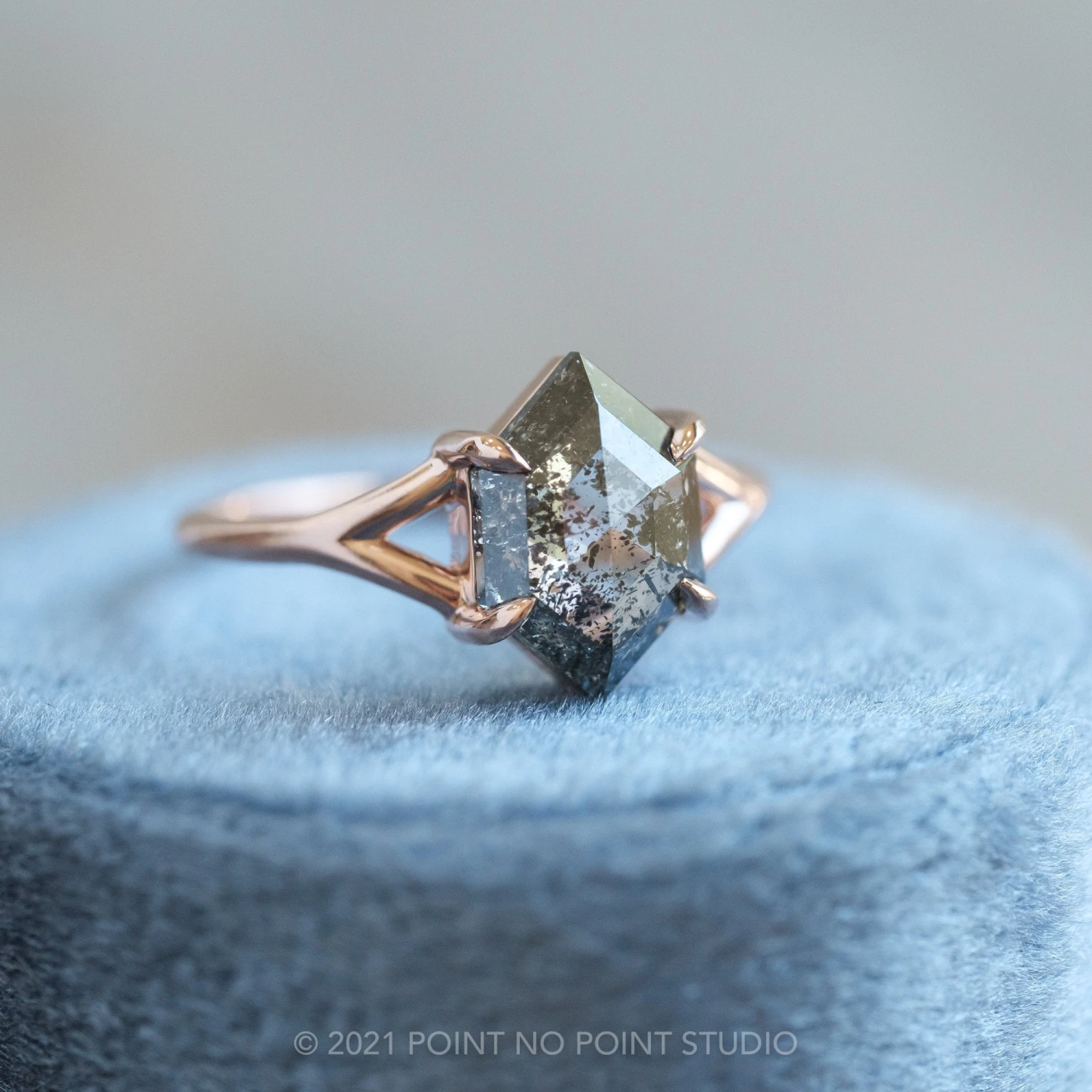 1.36 Carat Salt And Pepper Hexagon Diamond Engagement Ring, Split Shank Jane Setting, 14K Rose Gold 7 1.36 Carat Salt And Pepper Hexagon Diamond Engagement Ring, Split Shank Jane Setting, 14K Rose Gold - Image 7