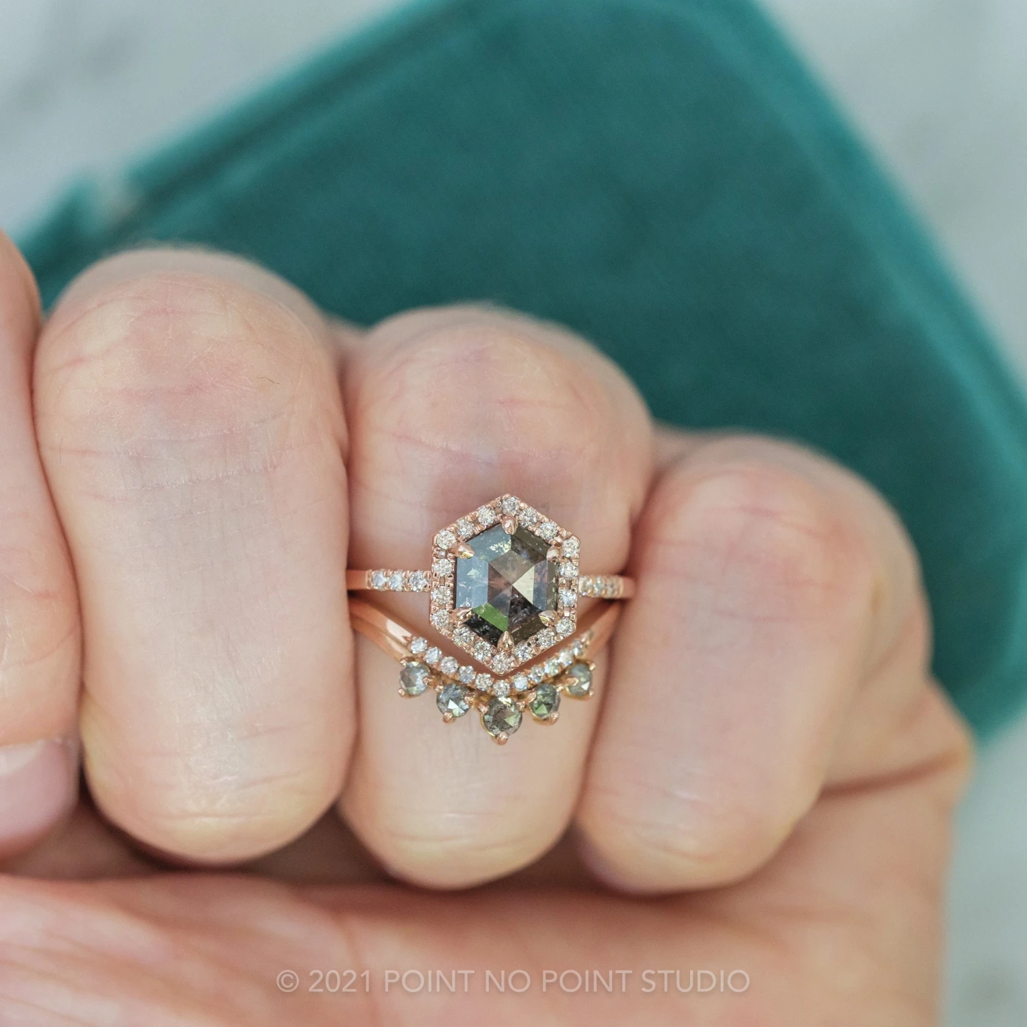 1.34 Carat Salt And Pepper Hexagon Diamond Engagement Ring, Fiona Setting, 14K Rose Gold 2 1.34 Carat Salt And Pepper Hexagon Diamond Engagement Ring, Fiona Setting, 14K Rose Gold - Image 2