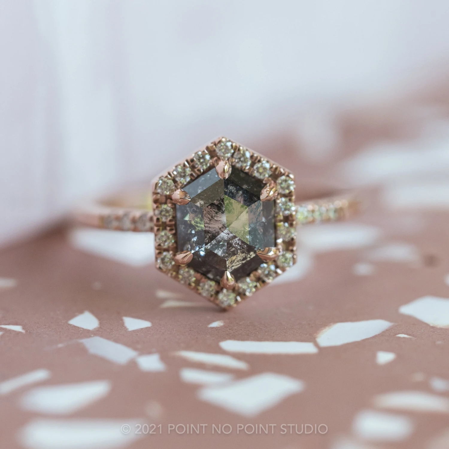 1.34 Carat Salt And Pepper Hexagon Diamond Engagement Ring, Fiona Setting, 14K Rose Gold 4 1.34 Carat Salt And Pepper Hexagon Diamond Engagement Ring, Fiona Setting, 14K Rose Gold - Image 4