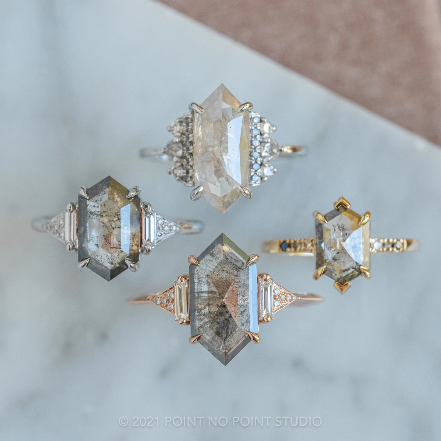 2.47 Carat Salt And Pepper Hexagon Diamond Engagement Ring, Azalea Setting, 14K White Gold 3 2.47 Carat Salt And Pepper Hexagon Diamond Engagement Ring, Azalea Setting, 14K White Gold - Image 3