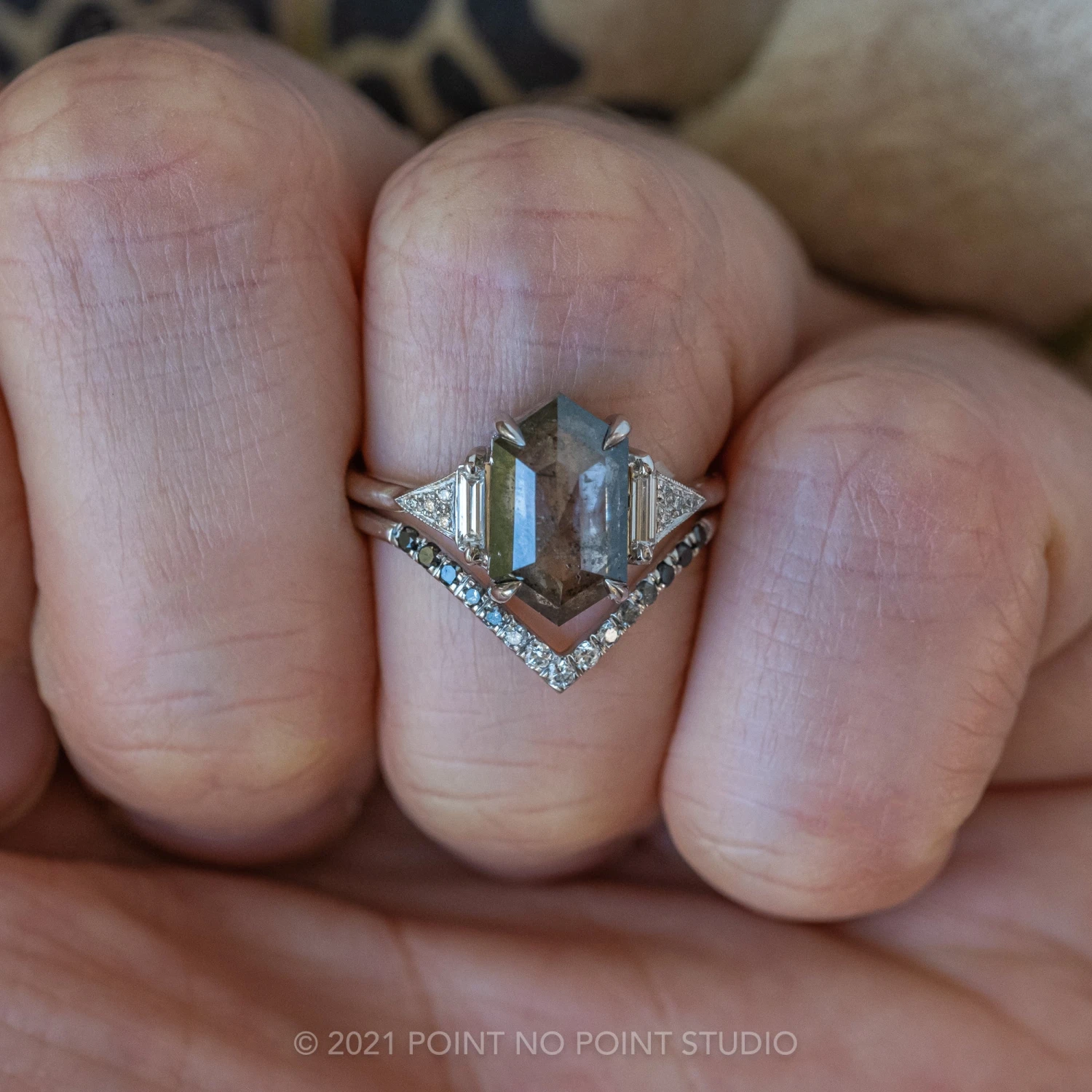 2.47 Carat Salt And Pepper Hexagon Diamond Engagement Ring, Azalea Setting, 14K White Gold 2 2.47 Carat Salt And Pepper Hexagon Diamond Engagement Ring, Azalea Setting, 14K White Gold - Image 2