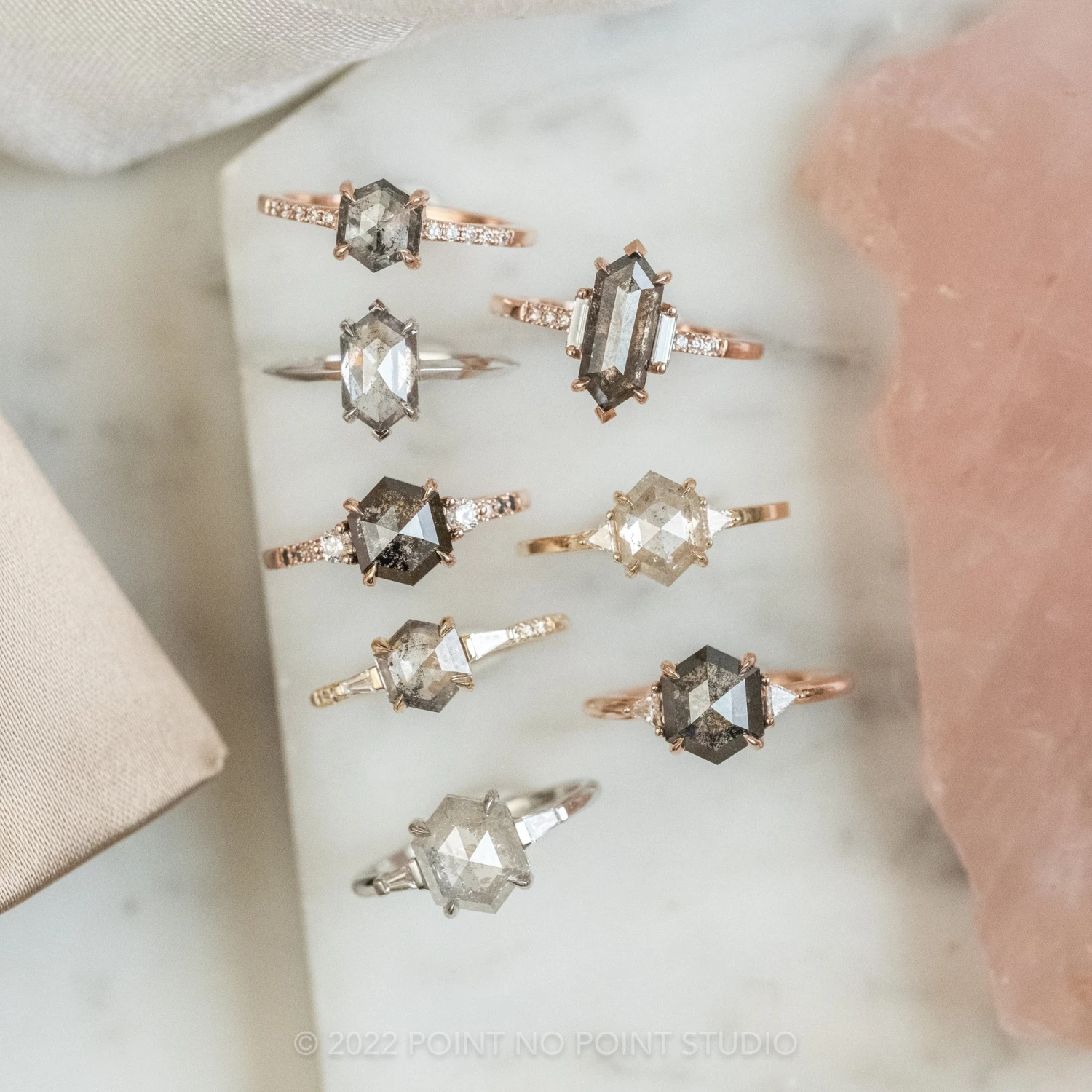 1.40 Carat Black Speckled Hexagon Diamond Engagement Ring, Ombre Eliza Setting, 14K Rose Gold 9 1.40 Carat Black Speckled Hexagon Diamond Engagement Ring, Ombre Eliza Setting, 14K Rose Gold - Image 9