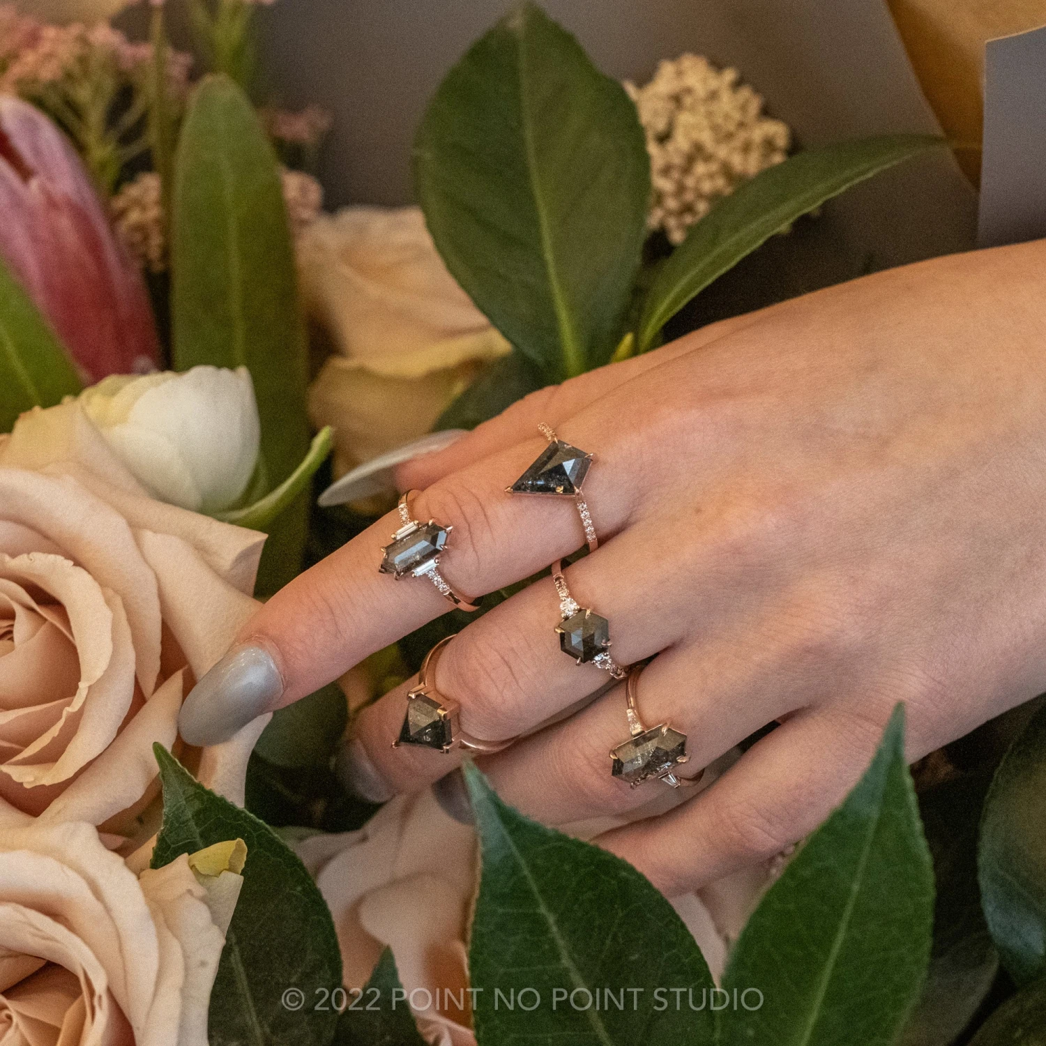 1.40 Carat Black Speckled Hexagon Diamond Engagement Ring, Ombre Eliza Setting, 14K Rose Gold 3 1.40 Carat Black Speckled Hexagon Diamond Engagement Ring, Ombre Eliza Setting, 14K Rose Gold - Image 3