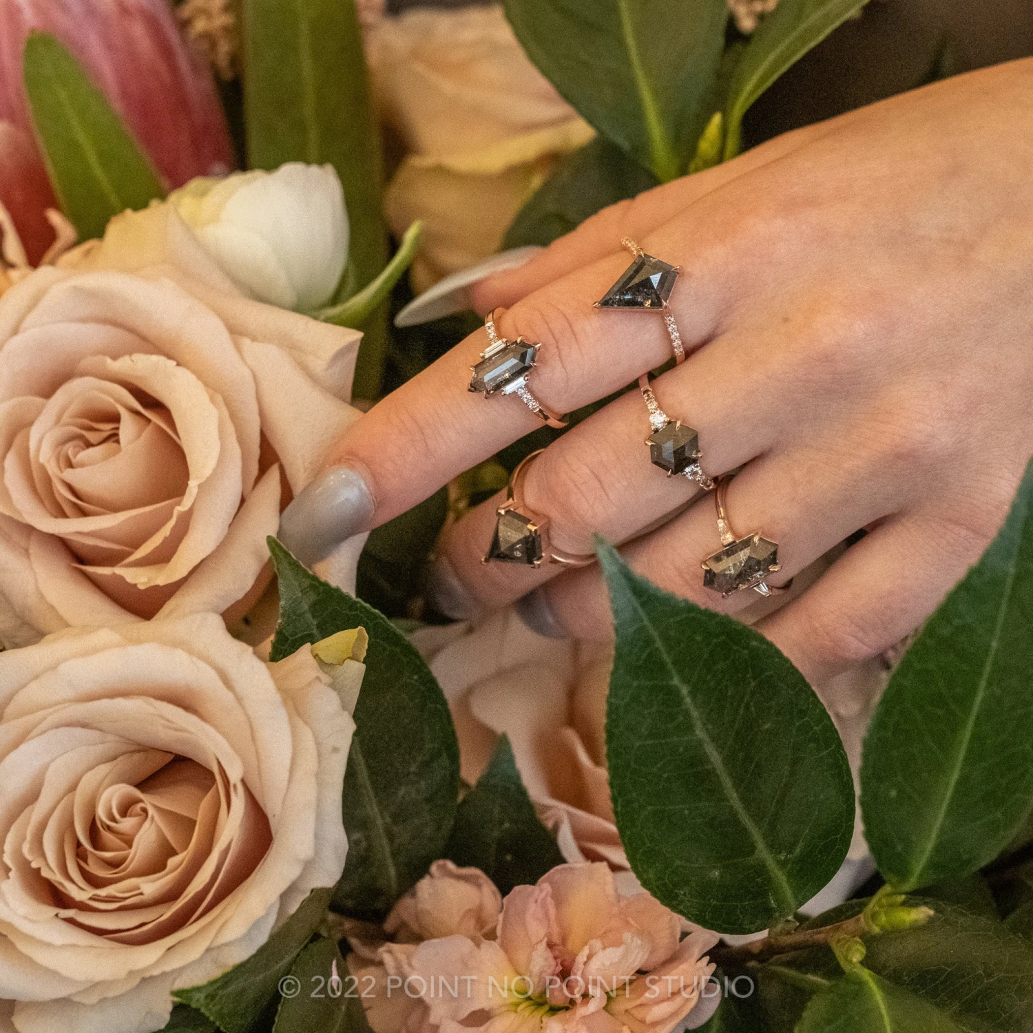 1.40 Carat Black Speckled Hexagon Diamond Engagement Ring, Ombre Eliza Setting, 14K Rose Gold 6 1.40 Carat Black Speckled Hexagon Diamond Engagement Ring, Ombre Eliza Setting, 14K Rose Gold - Image 6