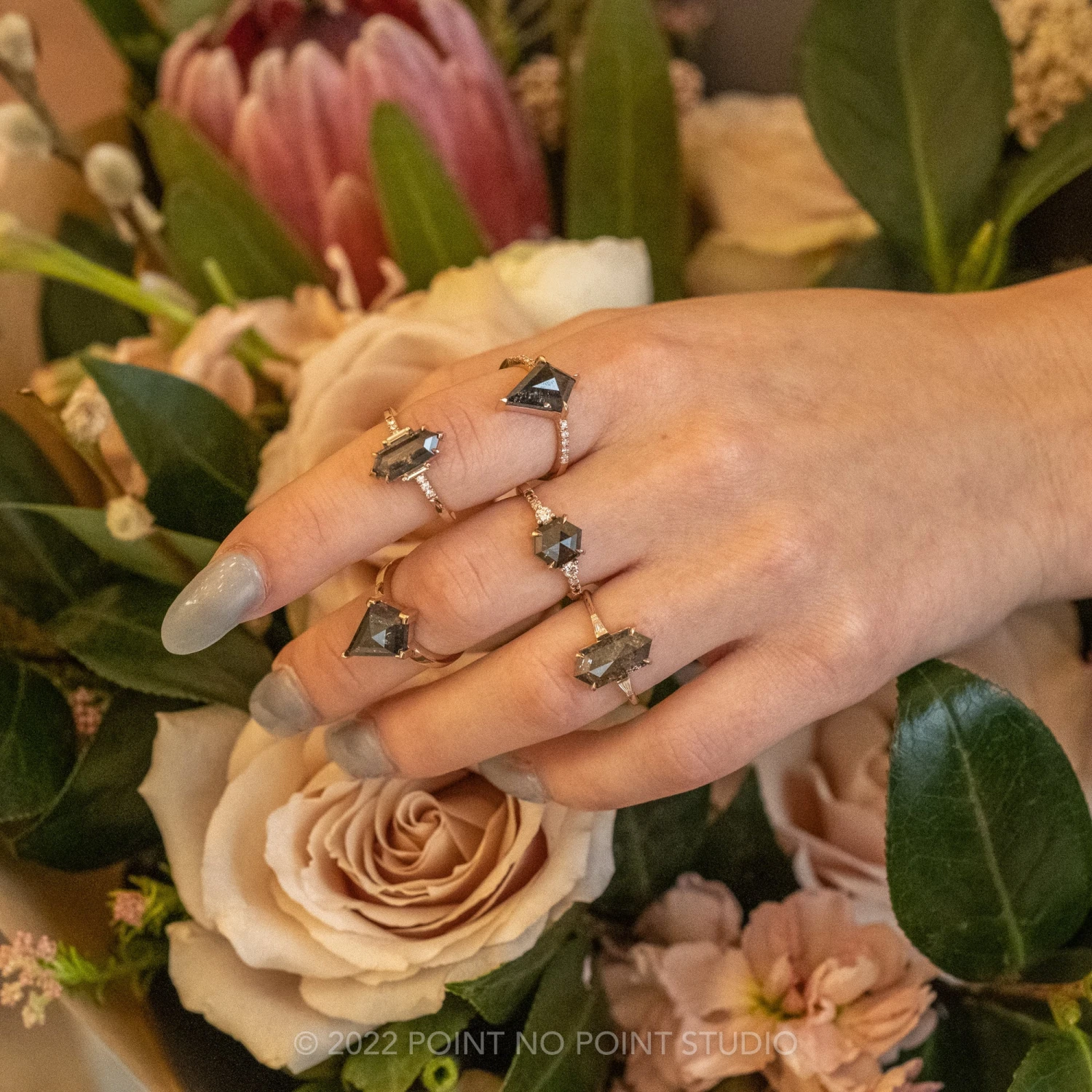 1.40 Carat Black Speckled Hexagon Diamond Engagement Ring, Ombre Eliza Setting, 14K Rose Gold 5 1.40 Carat Black Speckled Hexagon Diamond Engagement Ring, Ombre Eliza Setting, 14K Rose Gold - Image 5