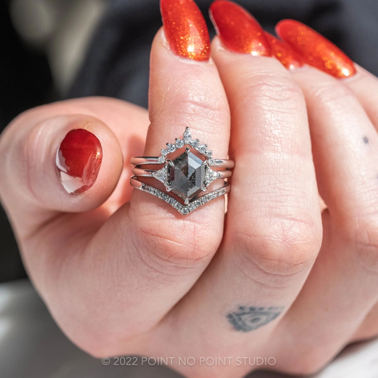 1.26 Carat Black Speckled Hexagon Diamond Engagement Ring, Zoe Setting, 14K White Gold 4 1.26 Carat Black Speckled Hexagon Diamond Engagement Ring, Zoe Setting, 14K White Gold - Image 4