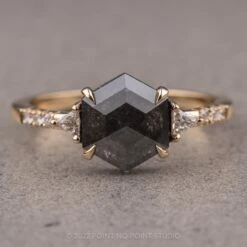 1.62 Carat Black Hexagon Diamond Engagement Ring, Eliza Setting, 14K Yellow Gold