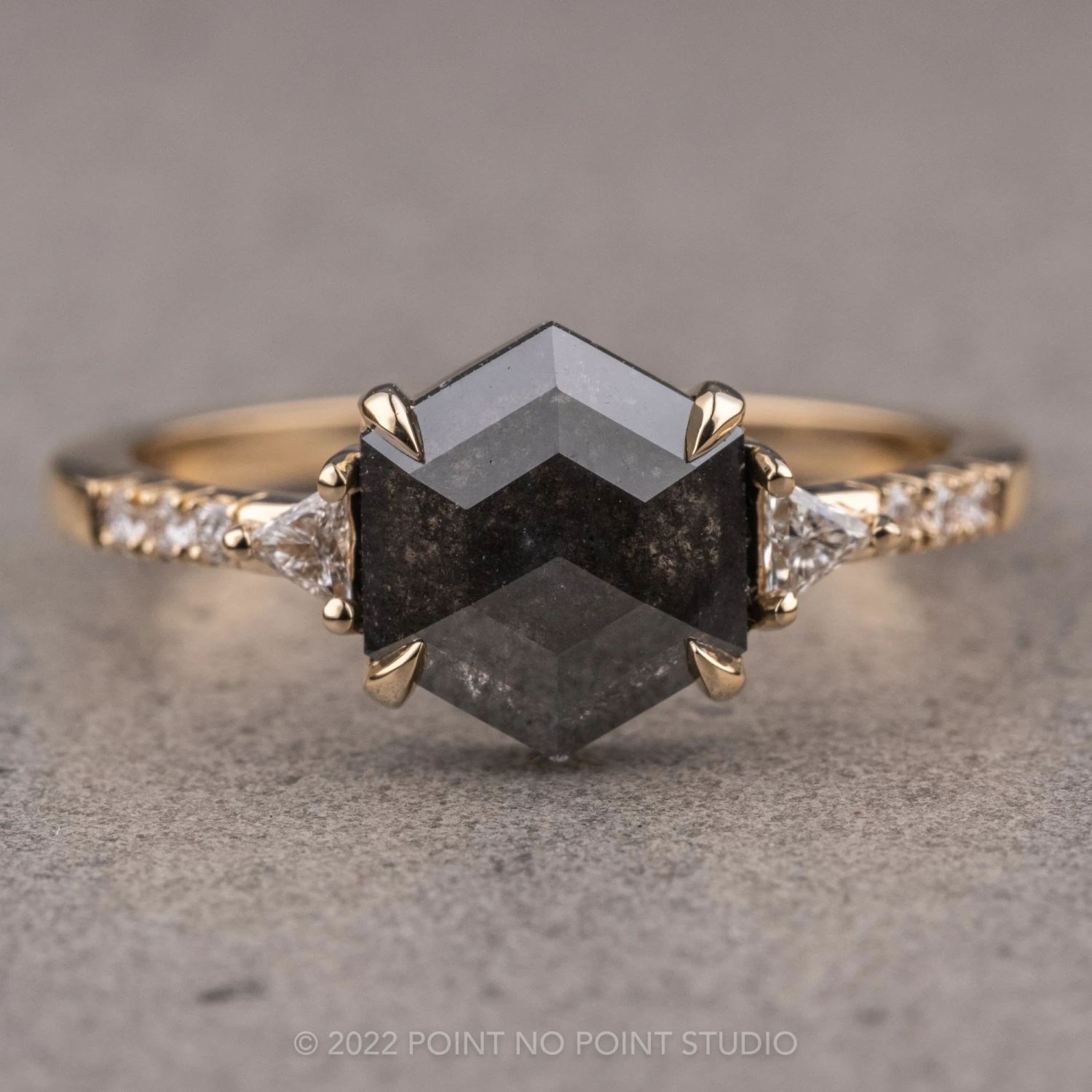 1.62 Carat Black Hexagon Diamond Engagement Ring, Eliza Setting, 14K Yellow Gold 1 1.62 Carat Black Hexagon Diamond Engagement Ring, Eliza Setting, 14K Yellow Gold