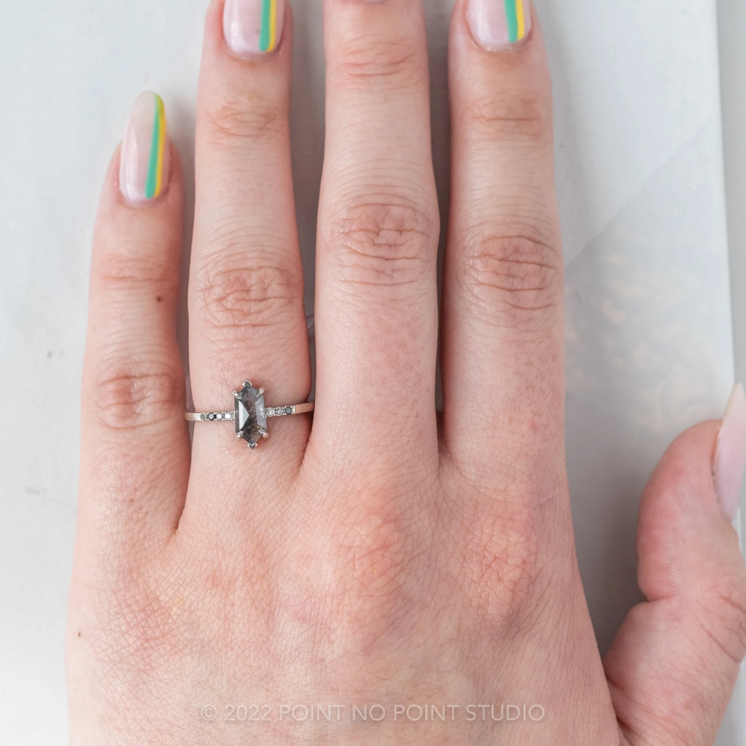 1.32 Carat Salt And Pepper Hexagon Diamond Engagement Ring, Sirena Setting, 14K White Gold 2 1.32 Carat Salt And Pepper Hexagon Diamond Engagement Ring, Sirena Setting, 14K White Gold - Image 2