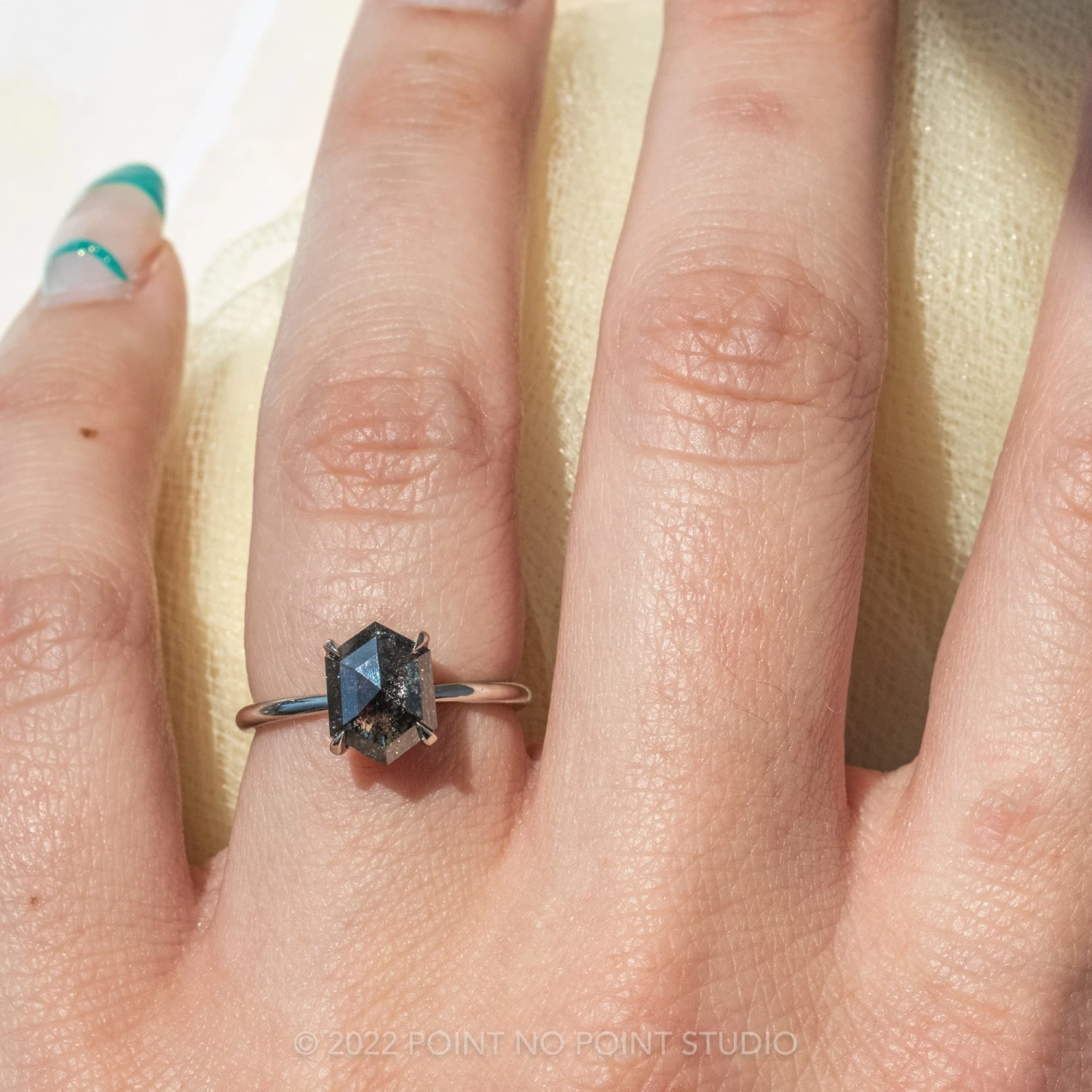 1.60 Carat Black Speckled Hexagon Diamond Engagement Ring, Jane Setting, 14K White Gold 2 1.60 Carat Black Speckled Hexagon Diamond Engagement Ring, Jane Setting, 14K White Gold - Image 2