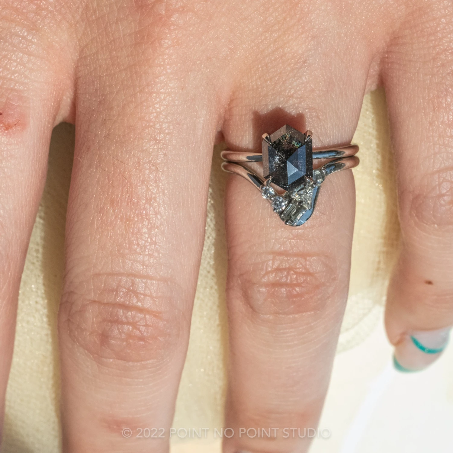 1.60 Carat Black Speckled Hexagon Diamond Engagement Ring, Jane Setting, 14K White Gold 3 1.60 Carat Black Speckled Hexagon Diamond Engagement Ring, Jane Setting, 14K White Gold - Image 3