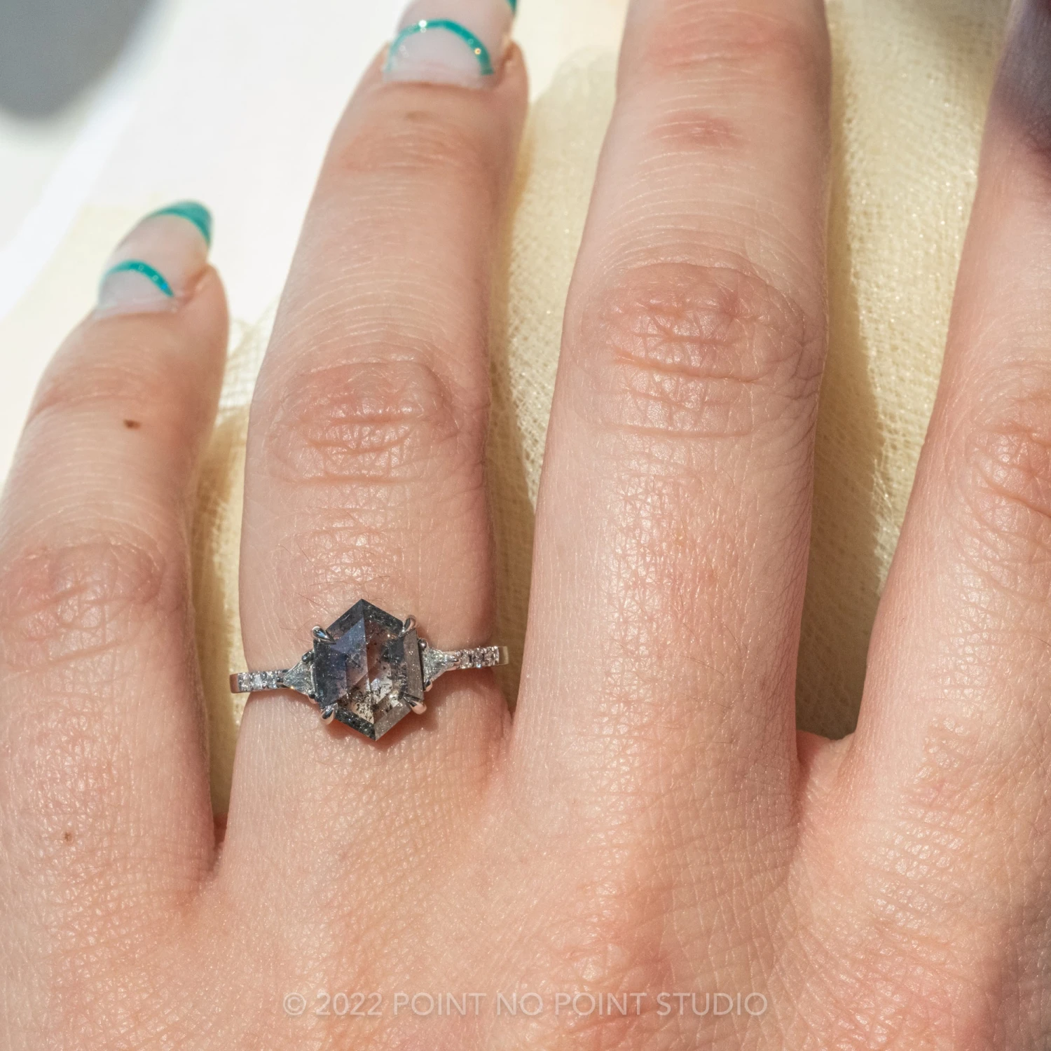 1.72 Carat Black Speckled Hexagon Diamond Engagement Ring, Eliza Setting, Platinum 2 1.72 Carat Black Speckled Hexagon Diamond Engagement Ring, Eliza Setting, Platinum - Image 2