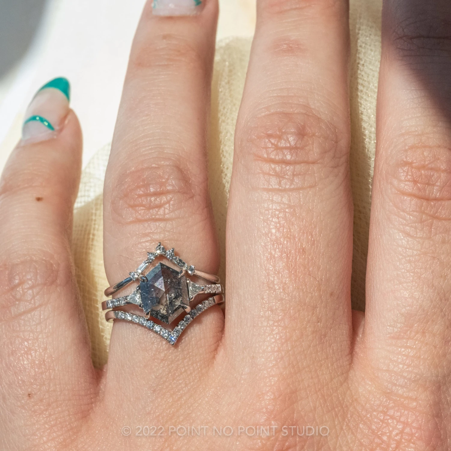 1.72 Carat Black Speckled Hexagon Diamond Engagement Ring, Eliza Setting, Platinum 4 1.72 Carat Black Speckled Hexagon Diamond Engagement Ring, Eliza Setting, Platinum - Image 4