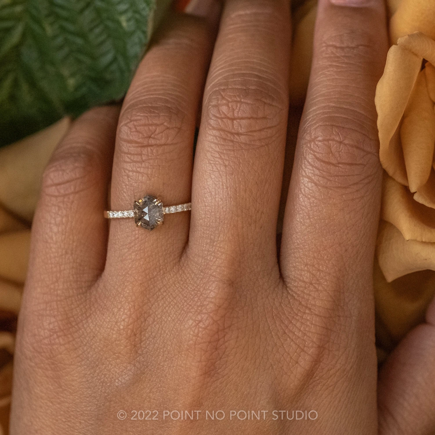 .96 Carat Salt And Pepper Hexagon Diamond Engagement Ring, Jules Setting, 14K Yellow Gold 2 .96 Carat Salt And Pepper Hexagon Diamond Engagement Ring, Jules Setting, 14K Yellow Gold - Image 2